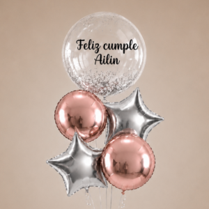 Arreglo de Globos Cumpleaños Burbuja Personalizable - Plateado y Rose