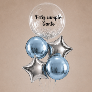 Arreglo de Globos Cumpleaños Burbuja Personalizable - Plateado y Celeste