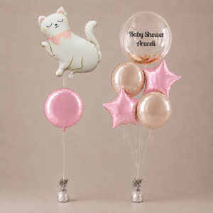 Arreglo de globos baby shower gatito con burbuja personalizable