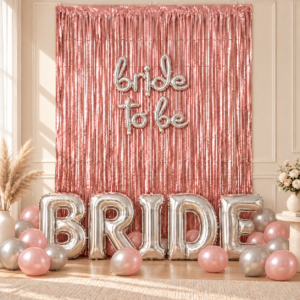 Kit de globos para despedida de soltera BRIDE plata y rosa con cortina metalizada