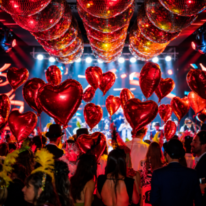 Globos corazón rojos con helio flotando en la fiesta de un casamiento
