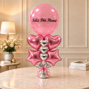 Centro de Mesa Grande Día de la Madre con Burbuja Personalizable - Plata y Rosa